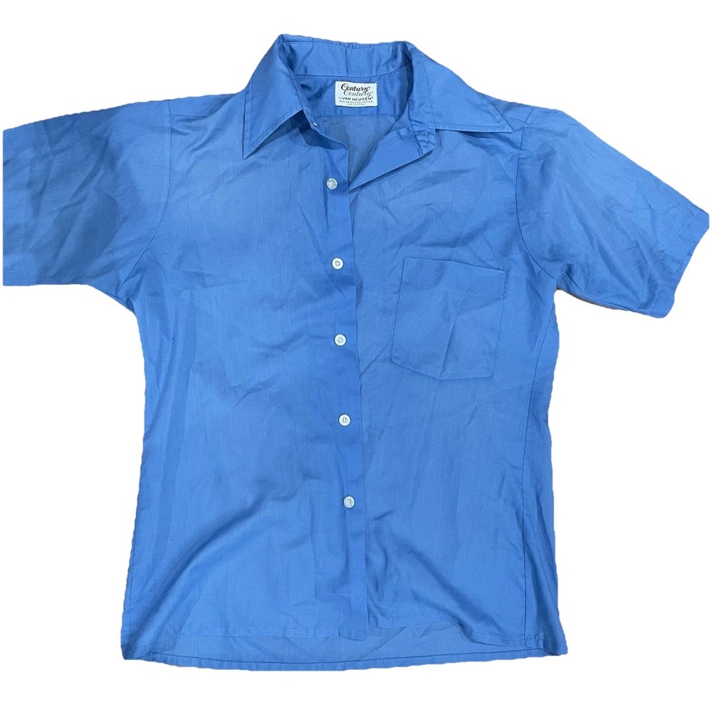 Vintage 70s Van Heusen Mens Blue Short Sleeve Button Front Work Shirt M Century